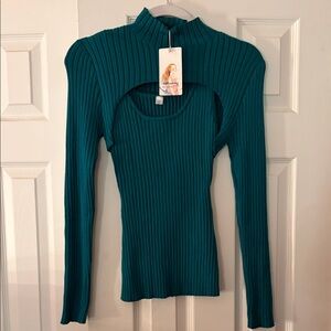 NWT Pretty Garden Brand Teal Ribbed Cutout Top
